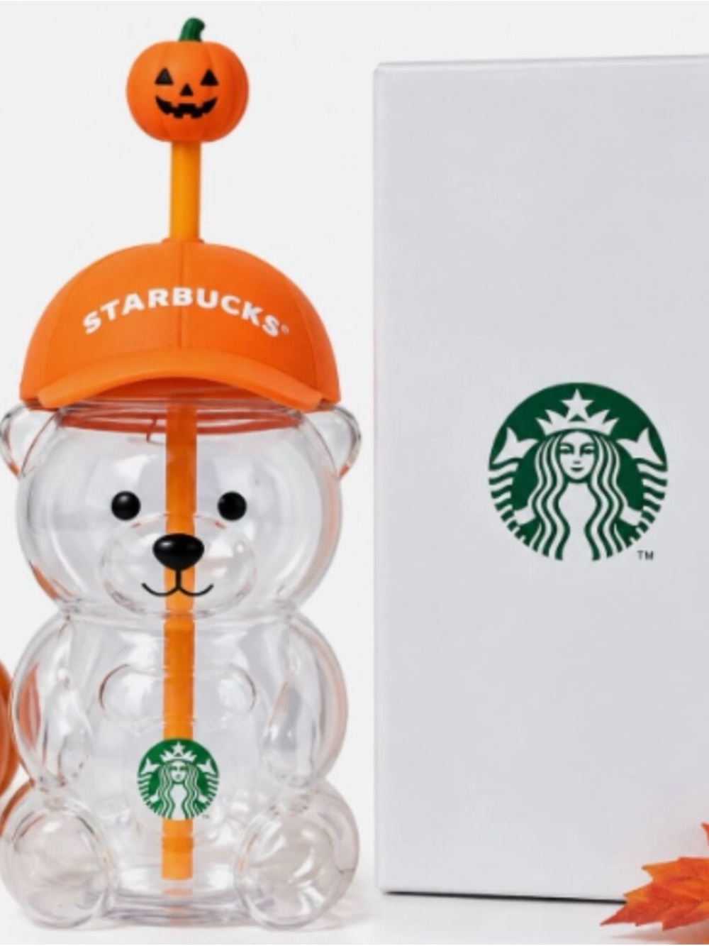 Starbucks Clear Bear Cup with Orange Pumpkin Hat and Straw